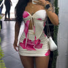 Elegant Women's Sets Floral Print Strapless Tied Top W Ruched Mini Skirt Set Two-Piece Outfit Sexy Tight Retro Two-Piece Set