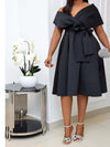 Dress Women Mid Length Dresses A Line Vestidos Slim Fit V Neck Short Sleeve Tight Waist Elegant Splice Lace Up Bow Summer