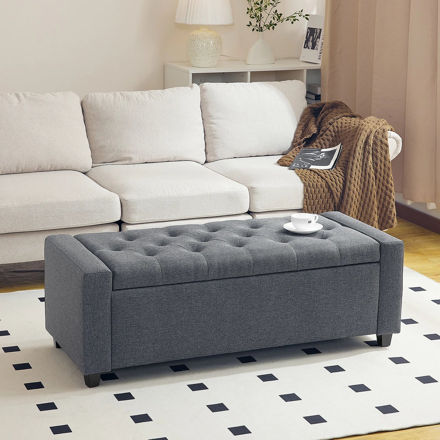 Redlife 47.8'' Storage Ottoman, Folding Storage Bench Footrest Stool w/ Flipping Lid Safe Hinge for Living Room Bedroom Entryway