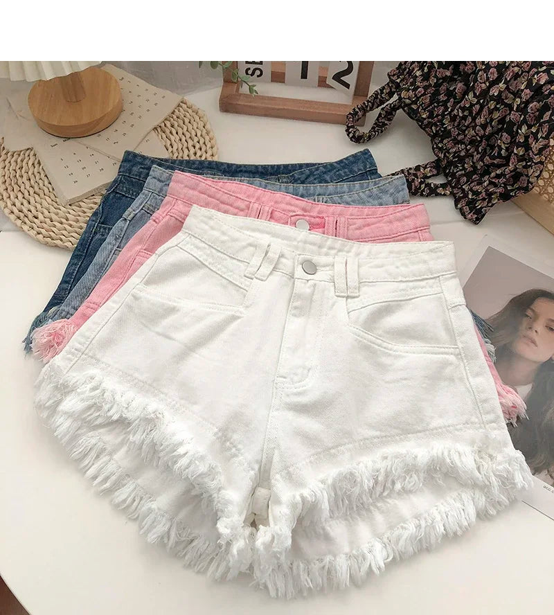 ITOOLIN Women Vintage Tassels Denim Shorts Button Loose High Waist A-line Jean Shorts Casual Women Office Trousers Streetwear