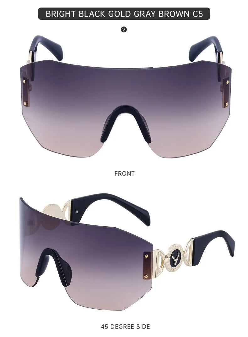 Oversized Shield Rimless Punk Sunglasses Women 2024 Luxury Brand Fashion Winged Sun Glasses For Ladies Shades Eyewear UV400