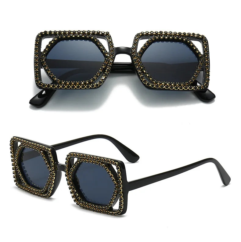 Square Luxury Diamonds Sunglasses Women Punk Fashion Rhinestone Sun Glasses Female Shiny Sexy Yellow Lens Eyewear Shade Handmade