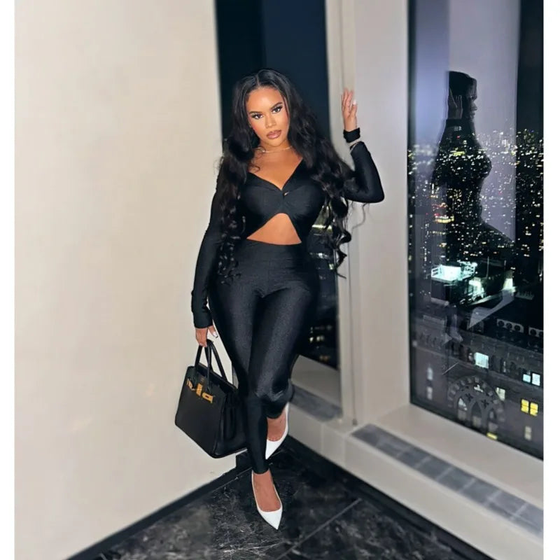 Leosoxs Women Hollow Out Sexy Party Clubwear Long Sleeve Jumpsuits 2024 Winter Autumn Slash Neck Crop One Piece Suit Rompers