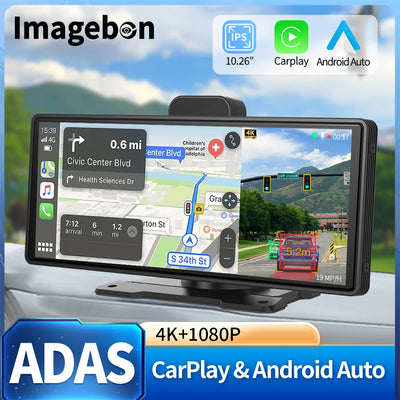 Imagebon 10.26" 4K ADAS Wireless CarPlay & Android Auto Dash Cam Night Vision 24h Park Monitoring Loop Recording GPS FM Car DVR