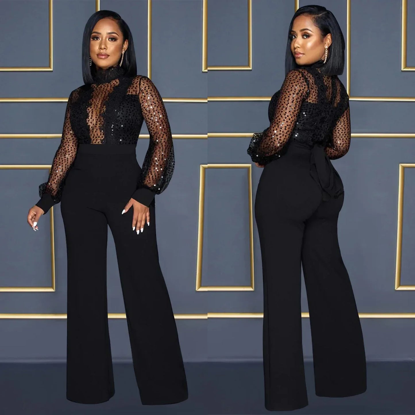 Fashion Women's Clothing Hollow Long-sleeved Loose Wide Leg Jumpsuits Overall Pants Solid Color Sexy Lace