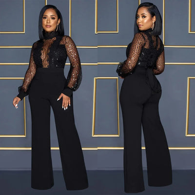 Fashion Women's Clothing Hollow Long-sleeved Loose Wide Leg Jumpsuits Overall Pants Solid Color Sexy Lace