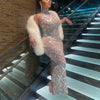 Sparkly Rhinestones Sleeveless Long Dress Elegant Dark Mesh Celebrate Evening Wedding Prom Gown Birthday Dress Photograph Wear