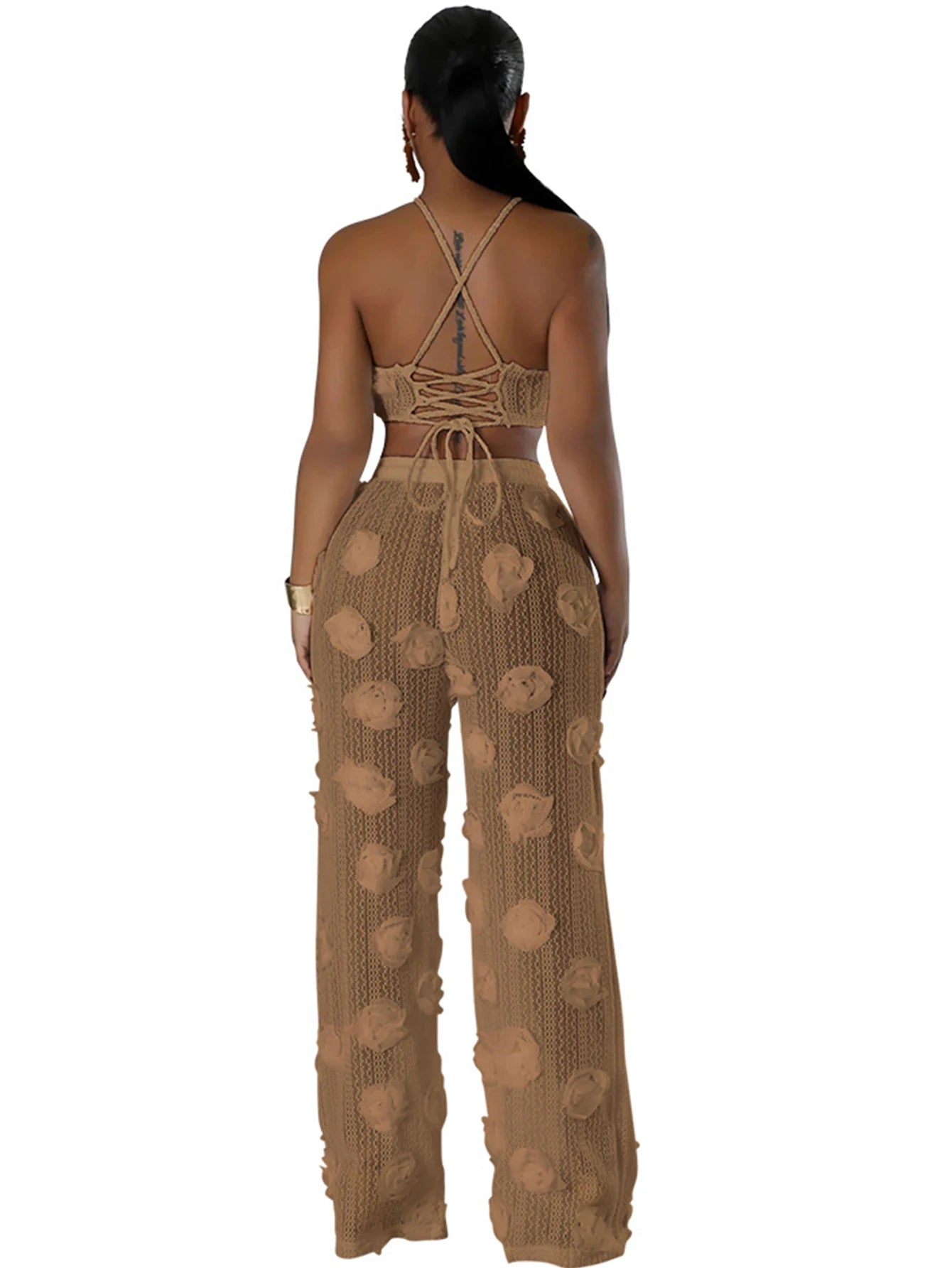 Sexy see through lace up vacation jumpsuits women summer body party club outfits streetwear womens jumpsuit Wide leg pants sets