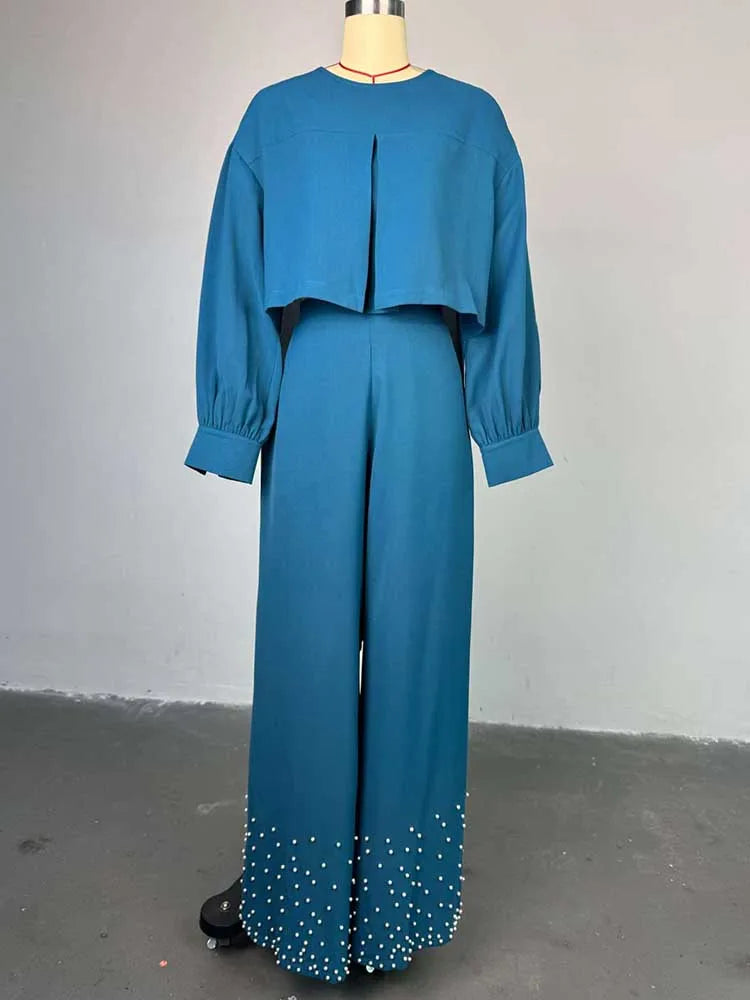 Spring Clothes for Women 2 Piece Sets Women Outfit Lantern Sleeves Suit with Wide Pants and Top High Street Ladies Elegant Sets