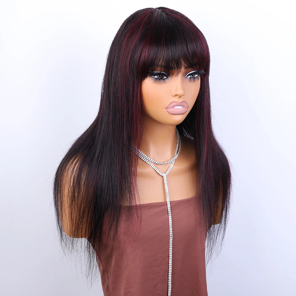 Lekker 24" Long Highlight Burg Red Bone Straight Human Hair Wigs With Bangs For Women Brazilian Remy Hair Full Machine Made Wigs