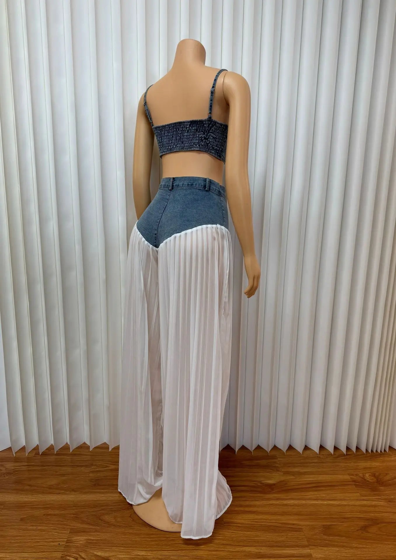 2 Piece Sets Women Sexy Denim Camisole Wide Leg Pants Patchwork Folds Slip Vest Floor Length Suit 2025 Summer Casual Outfits