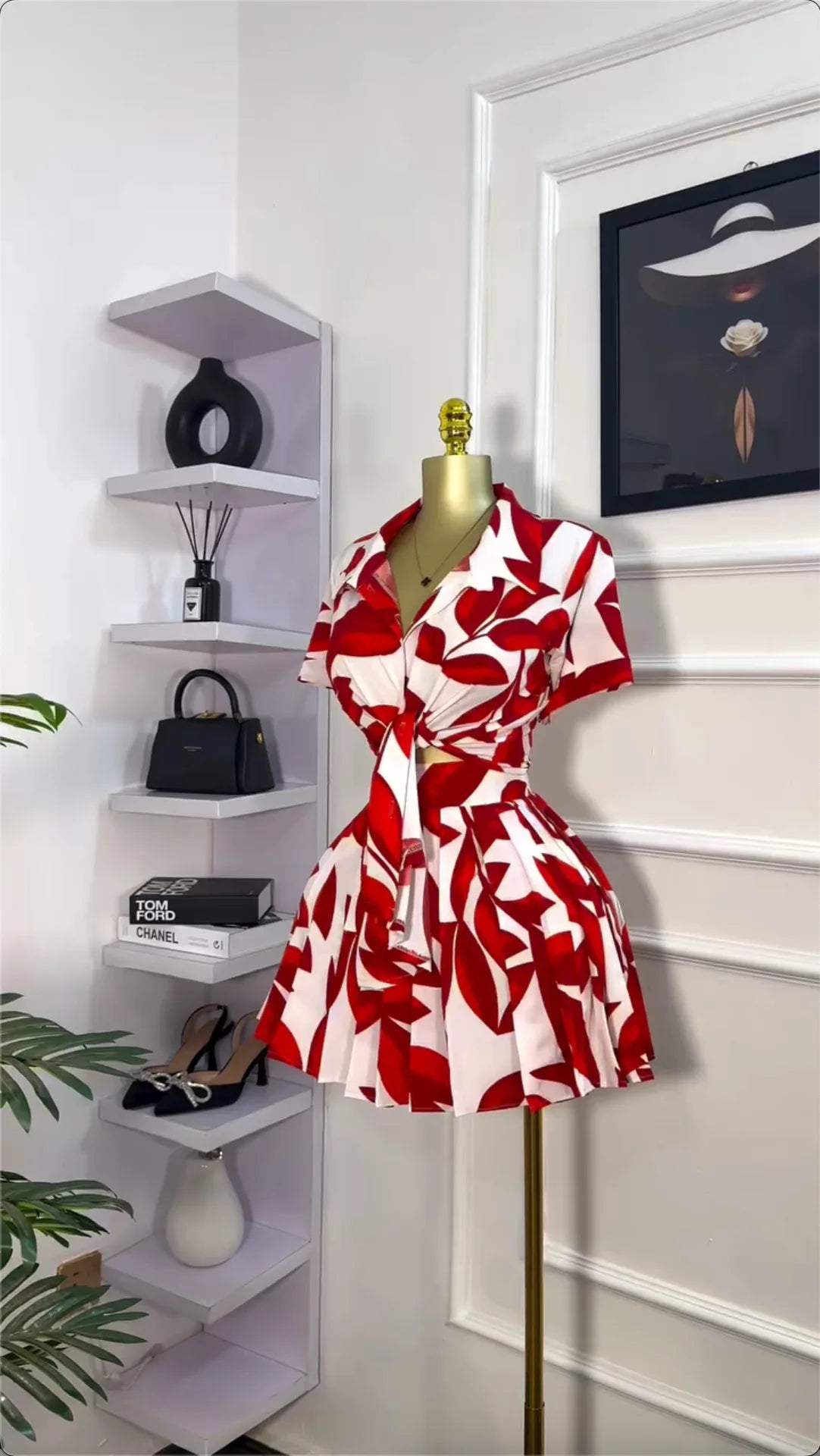 CM.YAYA Leaf Printed Women's Set Short Sleeve Bowknot Hem Blouse Shirt and Pleated Mini Skirts Suit 2023 Two 2 Piece Sets Outfit