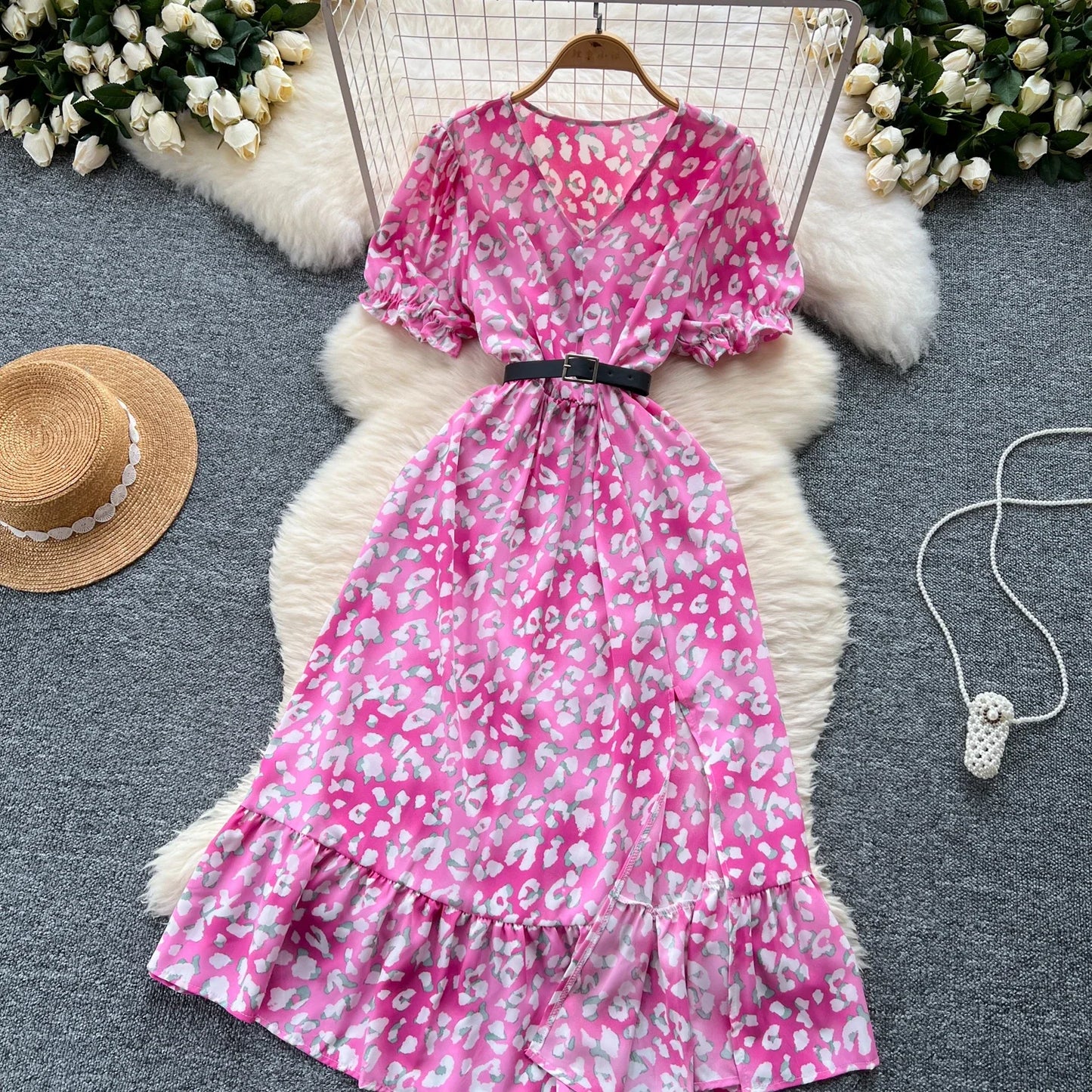 Summer Pleated Women Buttons Dresses Casual Beach Holiday Short Sleeve V Neck Woman Midi Dress Bohemian Mujer Vestidos