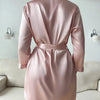 Solid Satin Night Robe Long Sleeve V Neck Robe With Belt Women's Sleepwear
