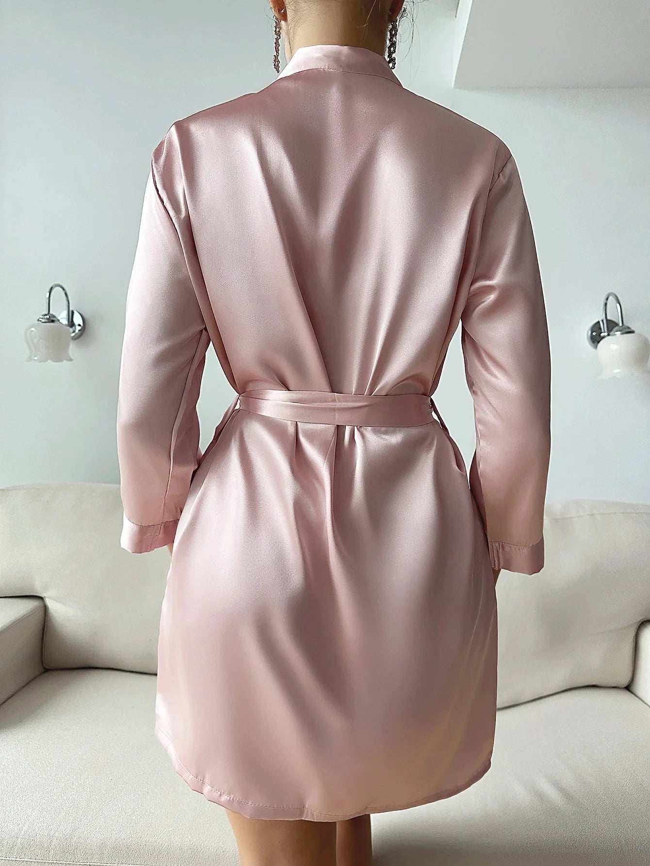 Solid Satin Night Robe Long Sleeve V Neck Robe With Belt Women's Sleepwear