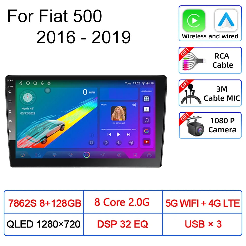 For Fiat 500 2016 2017 2018 2019 Car Multimedia Carplay Android Auto GPS stereo Radio Video Palyer 10 Inch Head Unit