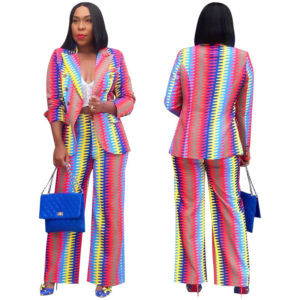 2024 Women Formal Jacket & Trousers Office Lady Outfits Autumn Women Two Pieces Set Print Blazer Coat & Pants Suit Sets Female