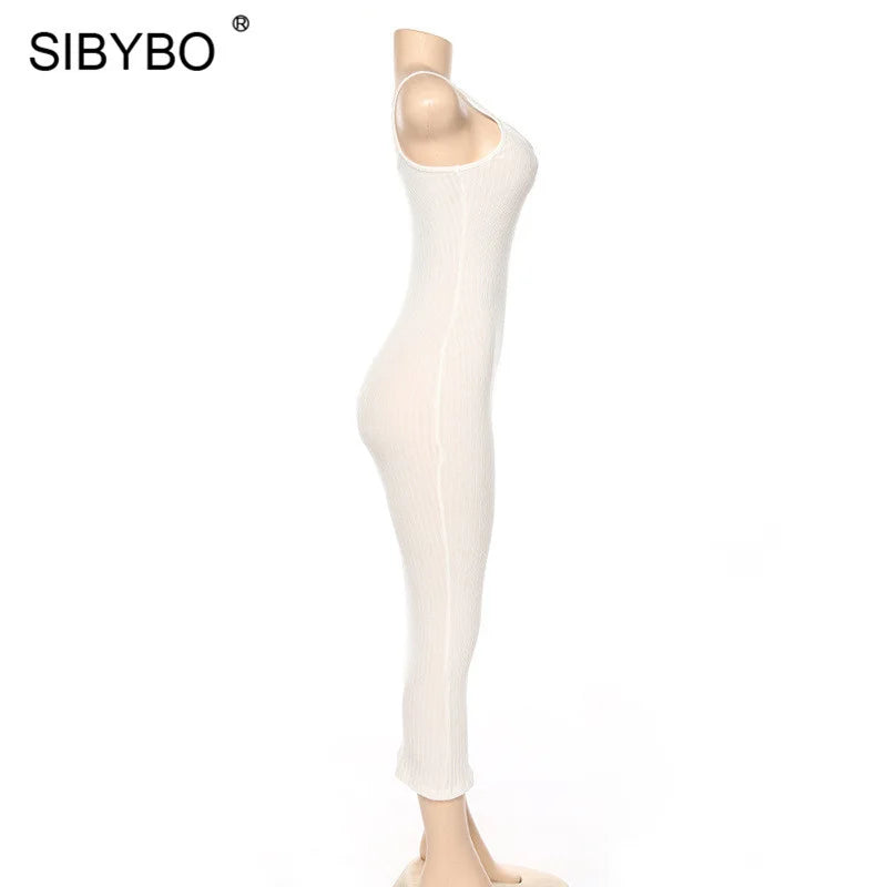SIBYBO Ribbed Spaghetti Strap Cotton Dress Women Sleeveless O-Neck Summer Dress Solid Backless Long Party Dress