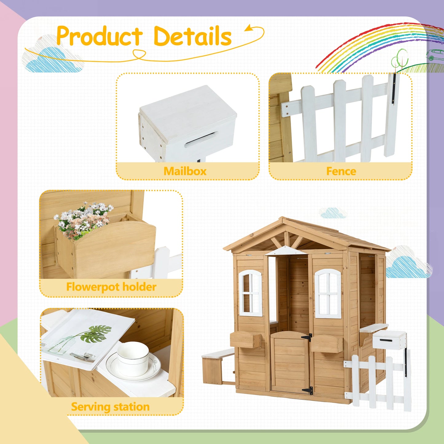 LZBEITEM Wooden Playhouse for Kids Outdoor with Working Door, Windows, Mailbox, Bench, Flowers Pot Holder, 39" x 38" x 55.5"