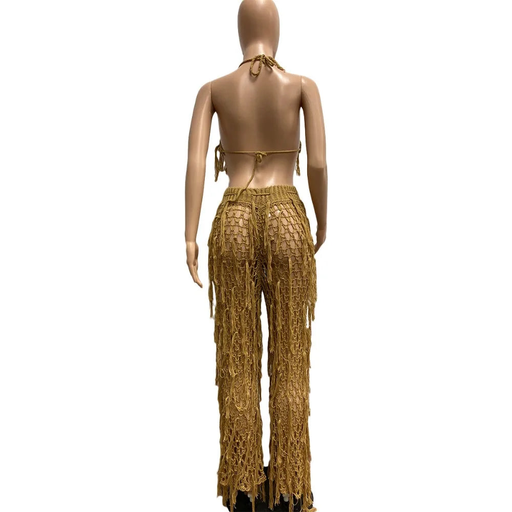 FAGADOER Sexy Hollow Out Tassels Pants Two Piece Sets Women Halter Sleeveless Backless Crop Top + Pants Outfit Female Streetwear