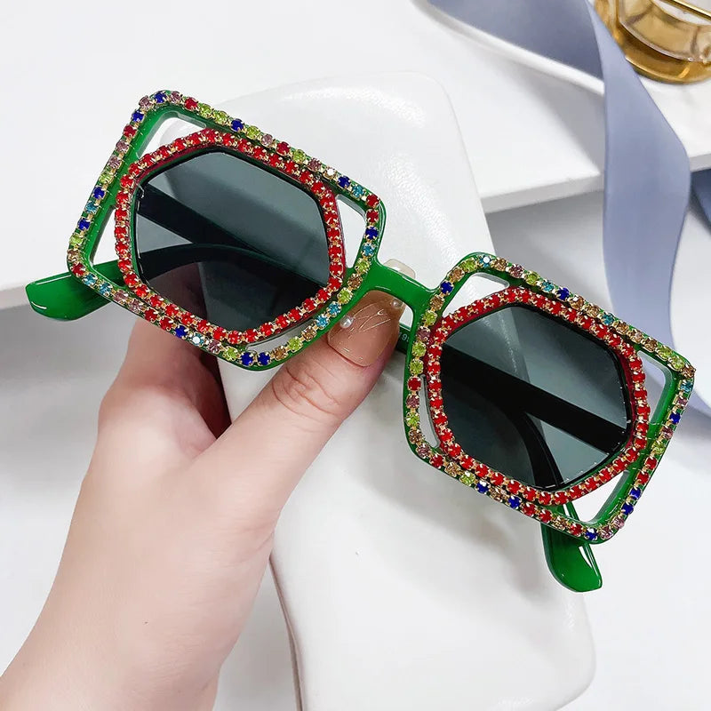 Square Luxury Diamonds Sunglasses Women Punk Fashion Rhinestone Sun Glasses Female Shiny Sexy Yellow Lens Eyewear Shade Handmade