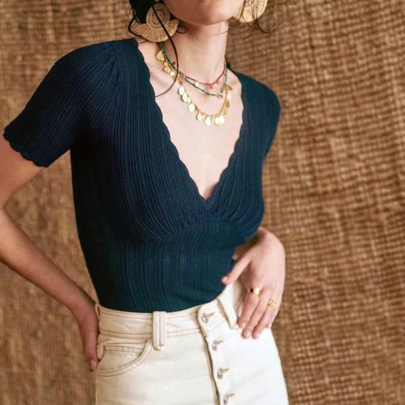 Women V Neck Knitted Crochet Tee With
