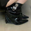 PU Leather Stiletto Womens Ankle Booties High Heel Pointed Toe Pumps Metal Buckle Side Zipper Sexy Fall Winter Shoes Black