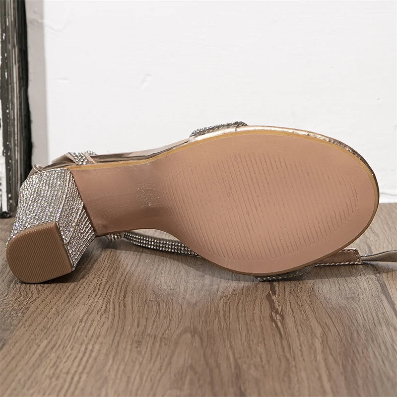 Liyke Sexy Crystal Ankle Strap Sandals Women Elegant Party Wedding Rhinestone High Heels Summer Open Toe Ladies Dress Shoes Gold