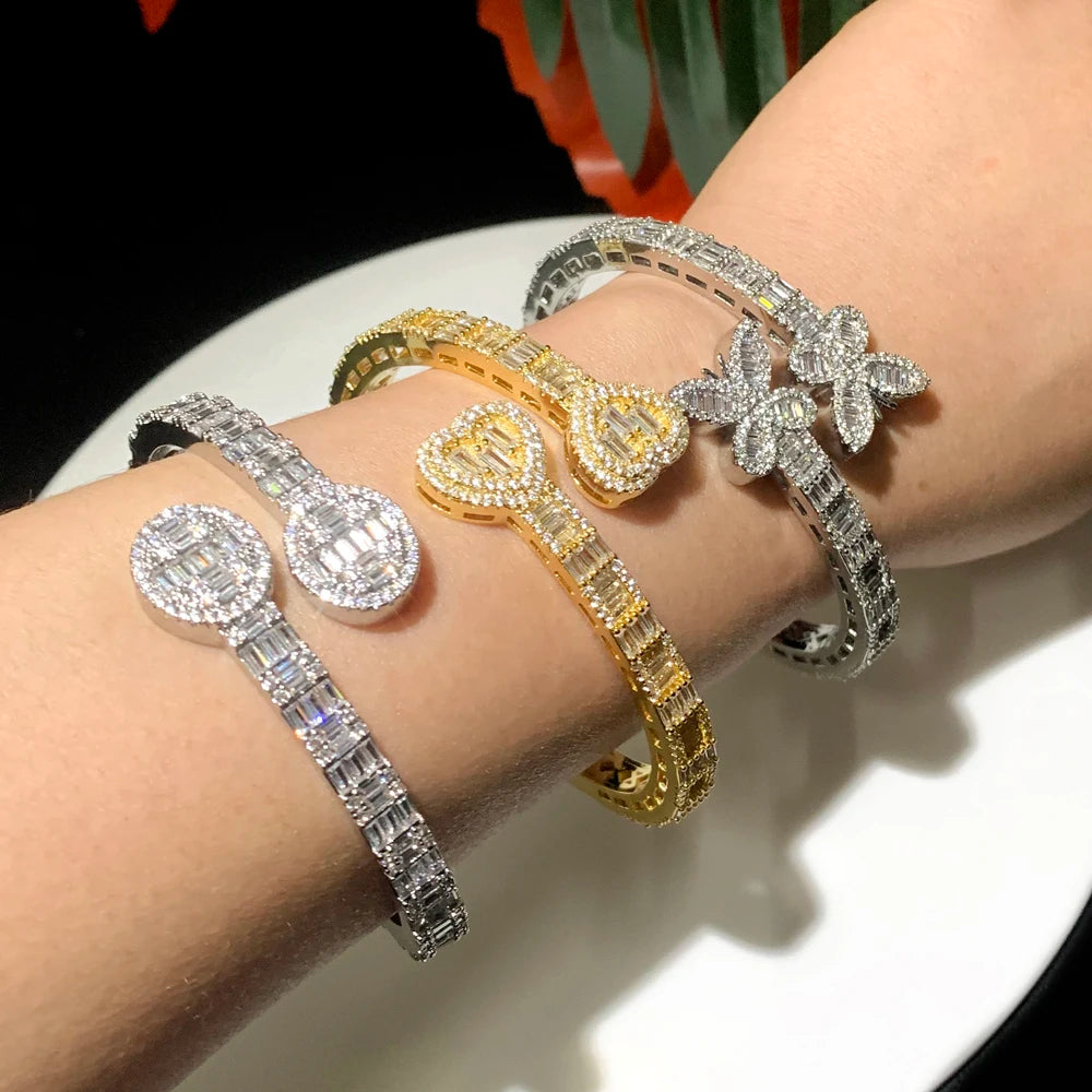 New Iced Out Bling Butterfly Heart Bracelet Silver Color CZ  Zircon Oval Charm Opened Bangle For Men Women Hiphop Luxury Jewelry