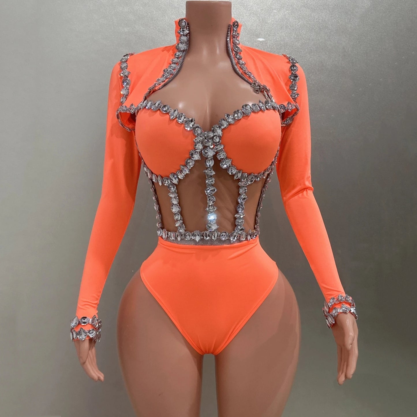 Sexy See-Through Strapless Rhinestone Tops Zipper Jacket High-waisted Shorts 3-Pieces Sets Party Nightclub Perfprmance Costume