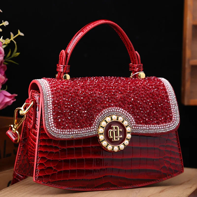 Fashion Diamonds Women Handbags 2023 Red Genuine Leather Lady Shoulder Messenger Bag Crocodile Pattern Portable Shell Tote Bags