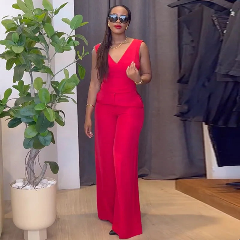 Two Piece Sets Women Pant Set Sleeveless V Neck Casual Pants Y2k Tops Wide Leg Long Pants High Waist Elegant Party Streetwear