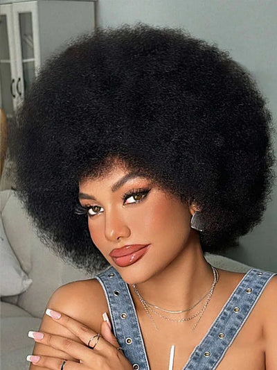 Afro Fluffy Curly Human Hair Wigs 70S Jerry Curl Wig One Wig Two Stlyes Glueless Wig Puffy Bouncy Wig Bouncy Wet and Dry Styling