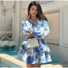 Women Tie-dye 3d Flower Deep V Neck Flare Sleeve Mini Dresses Fashion Slim Printed Multiple Pleat Vestidos New Lady Holiday Wear