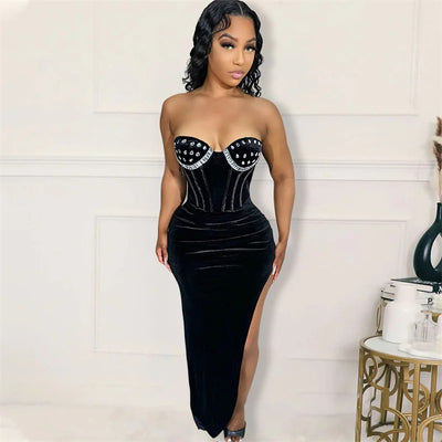 Sleeveless Strapless Bodycon Sexy Irregular Velvet Dress Women High Slit Slim Glam Crystal Rhinestone Long Party Nightclub Dress