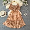 2024 New Summer Flower Print Long Dress Women Vintage Square Neck Ruched Chest Sash Bandage Sundress Party Vestidos
