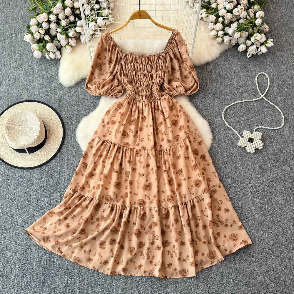 2024 New Summer Flower Print Long Dress Women Vintage Square Neck Ruched Chest Sash Bandage Sundress Party Vestidos