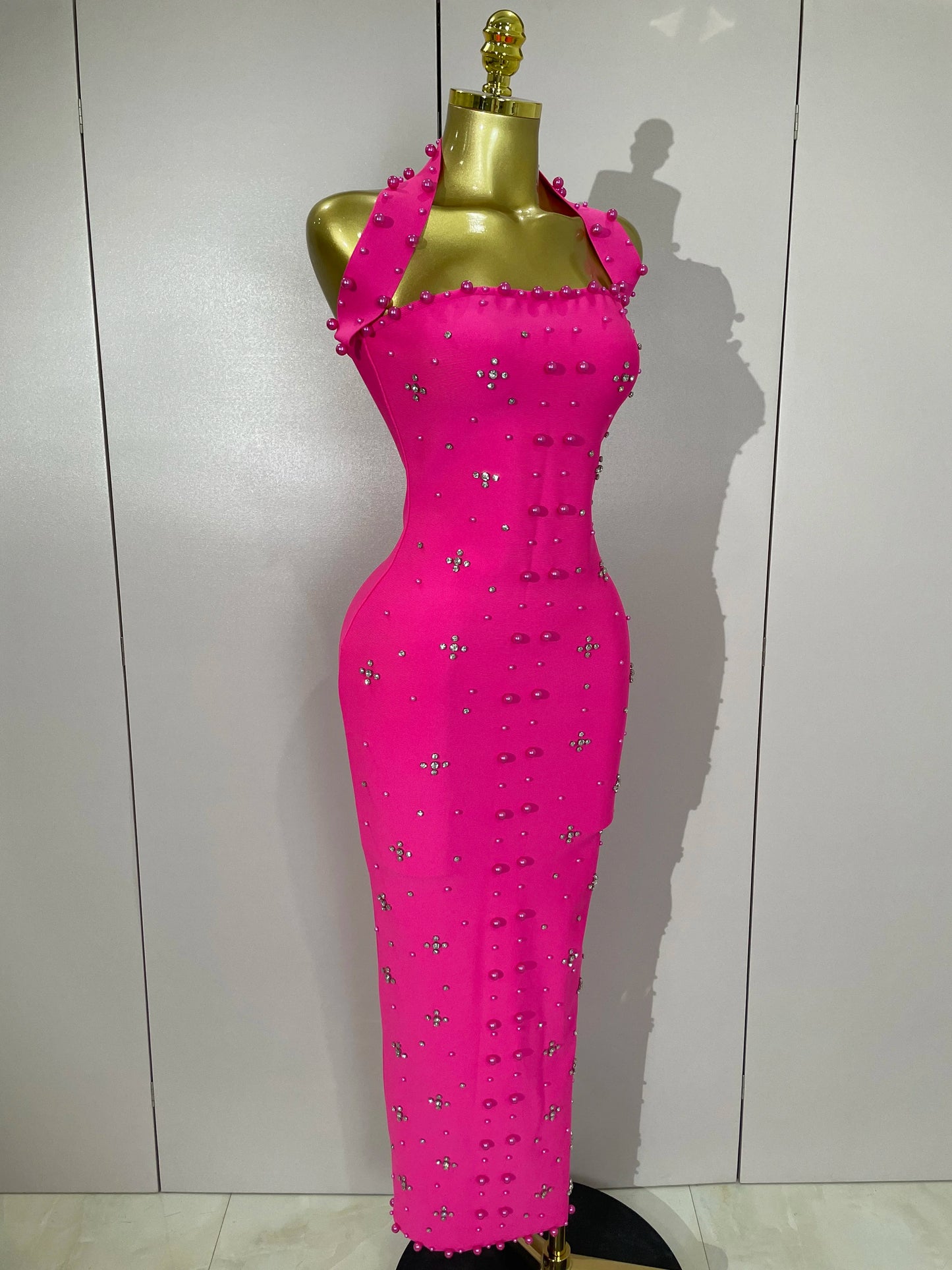 2025 Luxury Shining Diamonds Pearls Sleeveless Bodycon Bandage Long Dress Women Celebrate Evening Party Elegant Birthday Gowns