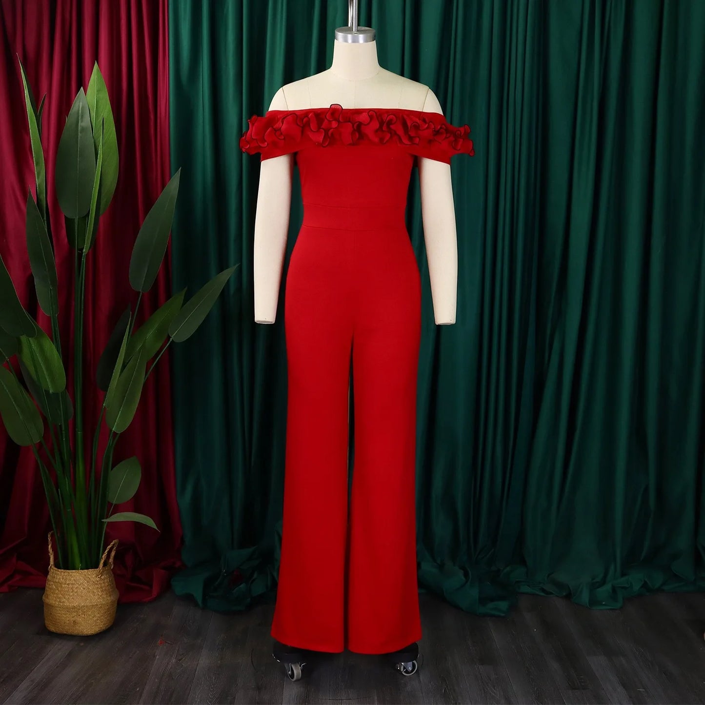 Luxury Jumpsuits & Rompers for Woman Off the Shoulder Ruffles Short Sleeve High Waisted Solid New Year 2025 Christmas Overalls