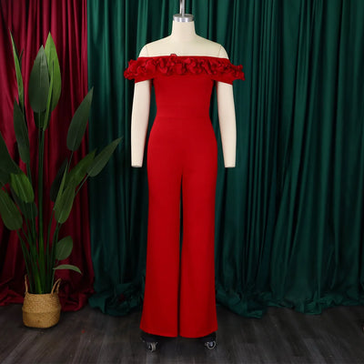 Luxury Jumpsuits & Rompers for Woman Off the Shoulder Ruffles Short Sleeve High Waisted Solid New Year 2025 Christmas Overalls