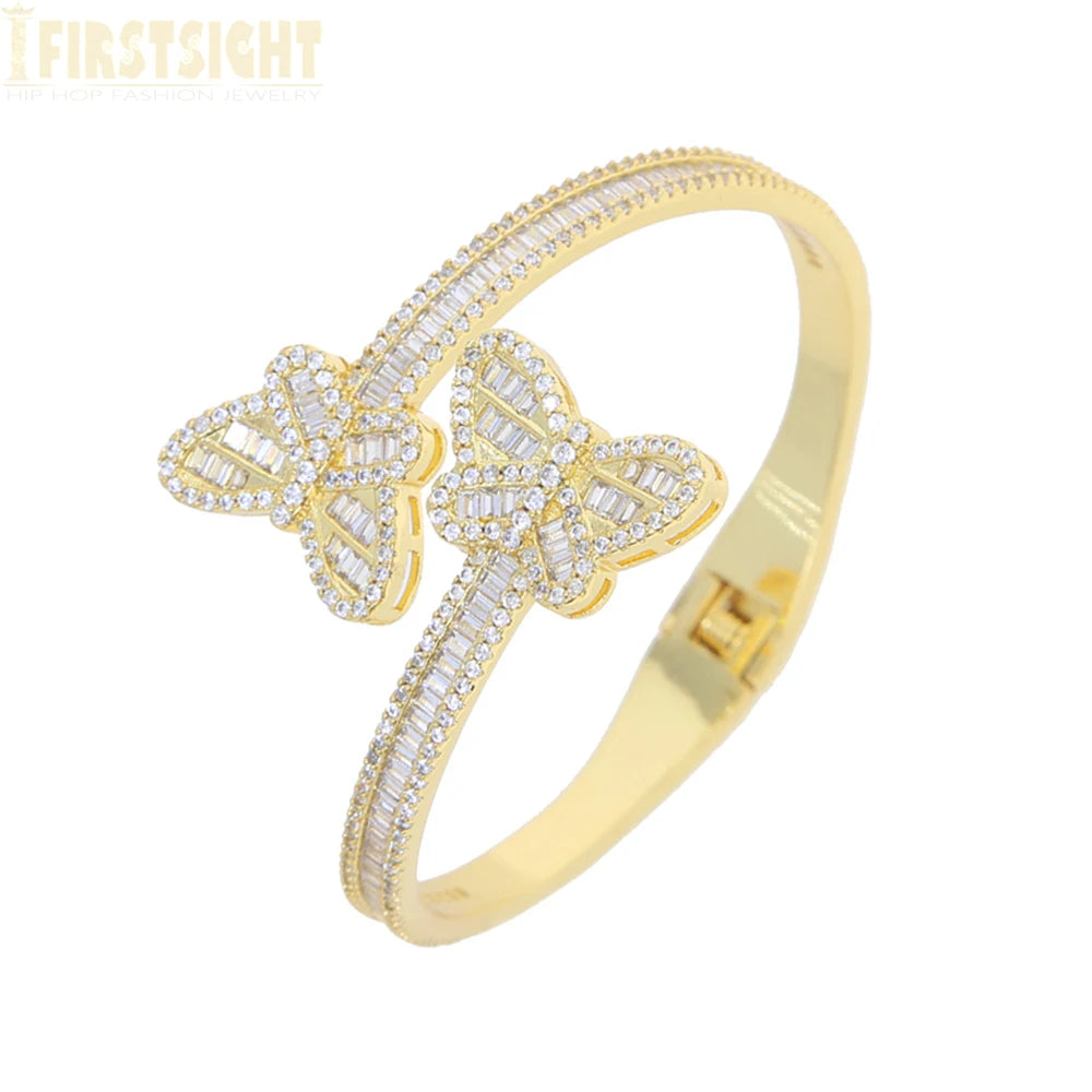 2025 New Iced Out Bling Opened Heart Flower Charm Bracelet AAA CZ Zircon Butterfly Bangle For Men Women Hip Hop Luxury Jewelry