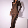 Mozision Hollow Out Long Sleeve Sexy Maxi Dress For Women Gown Autumn Winter New Metal Buckle Ruched Slit Long Dress Elegant