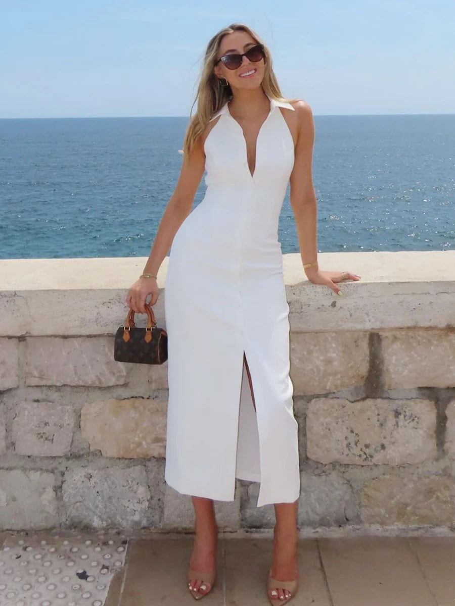 Bornladies Summer Sleeveless Single Breasted Dress Fashionable Ladies Slim Fit Collar Solid Color Long Dresses Women's Clothing