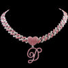 Hip Hop Bling Pink Crystal Cursive Initial Letter Cuban Necklace for Women Iced Out Paved Cuban Chain Necklace Choker Jewelry