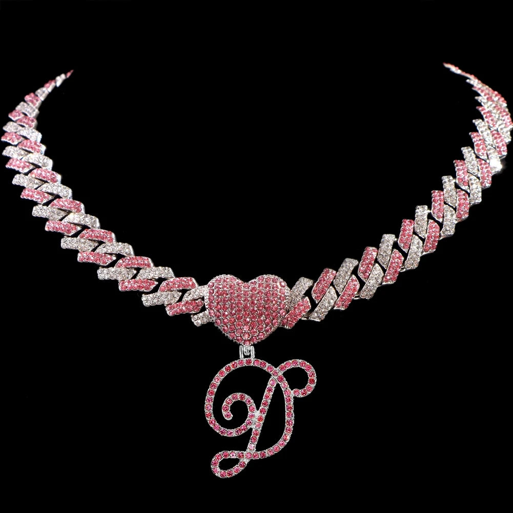 Hip Hop Bling Pink Crystal Cursive Initial Letter Cuban Necklace for Women Iced Out Paved Cuban Chain Necklace Choker Jewelry