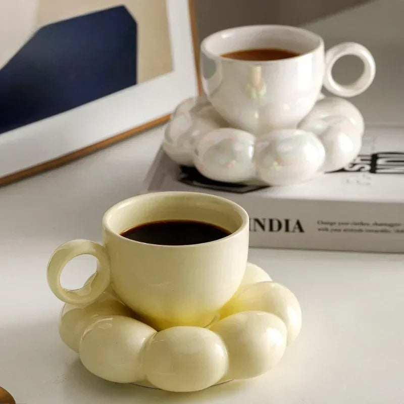 6oz Sunflower Coffee Mug Aesthetic Ceramic Cloud Cup Decorative Saucer Afternoon Tea Water Cup Office Decor Home Mug Drinkware