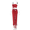 Hugcitar Fashion 2 Pcs Sets Strapless Tie Flower Draped Sexy Crop Tank Top Slit Tassel Maxi Skirt Women Outfit Festival Party