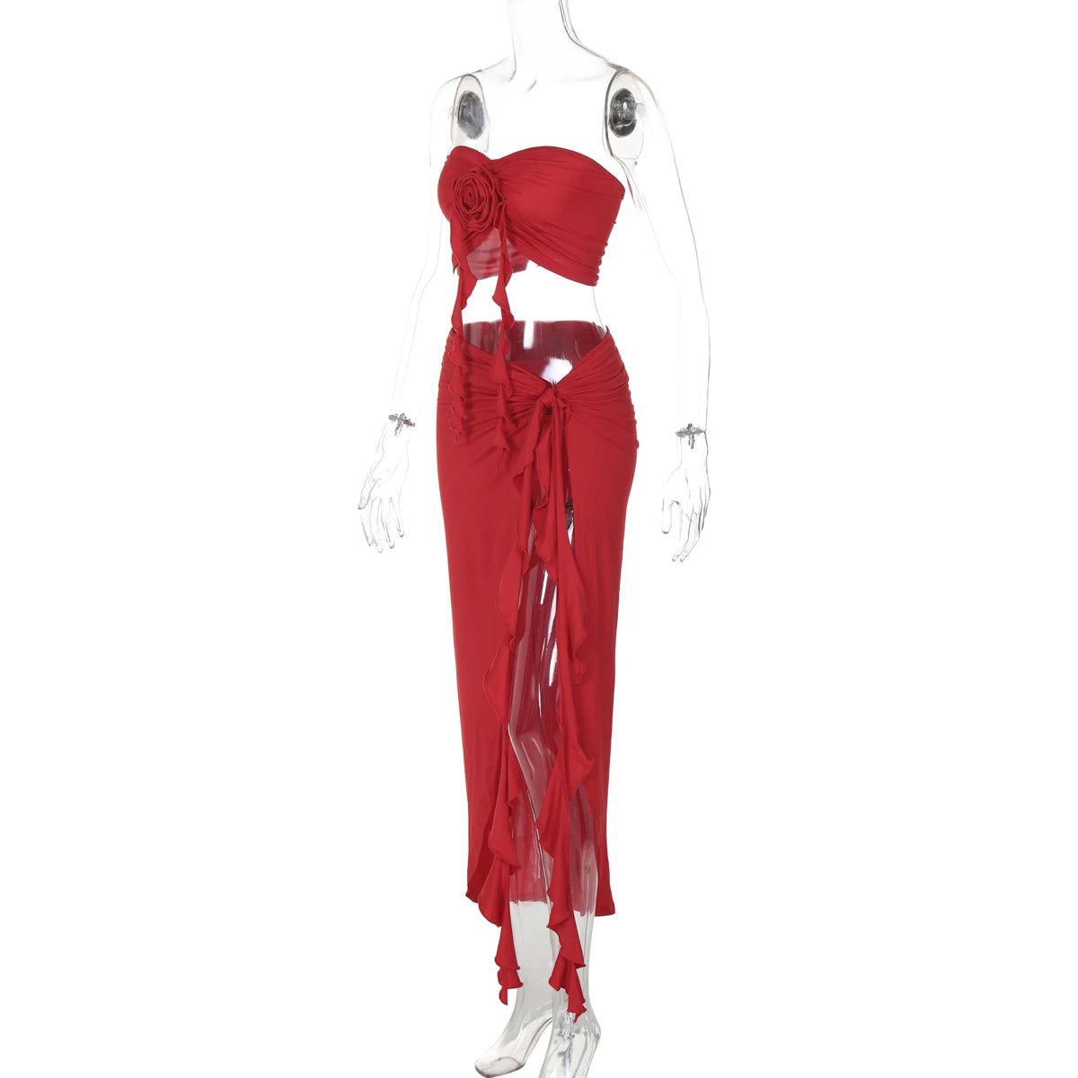 Hugcitar Fashion 2 Pcs Sets Strapless Tie Flower Draped Sexy Crop Tank Top Slit Tassel Maxi Skirt Women Outfit Festival Party