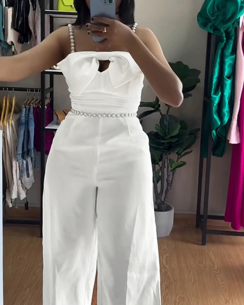 Fashion 2025 Summer Casual Sexy Elegant Bandeau Beaded Spaghetti Strap Bowknot Design Ruched Slim Fit Jumpsuit Elegant Overall