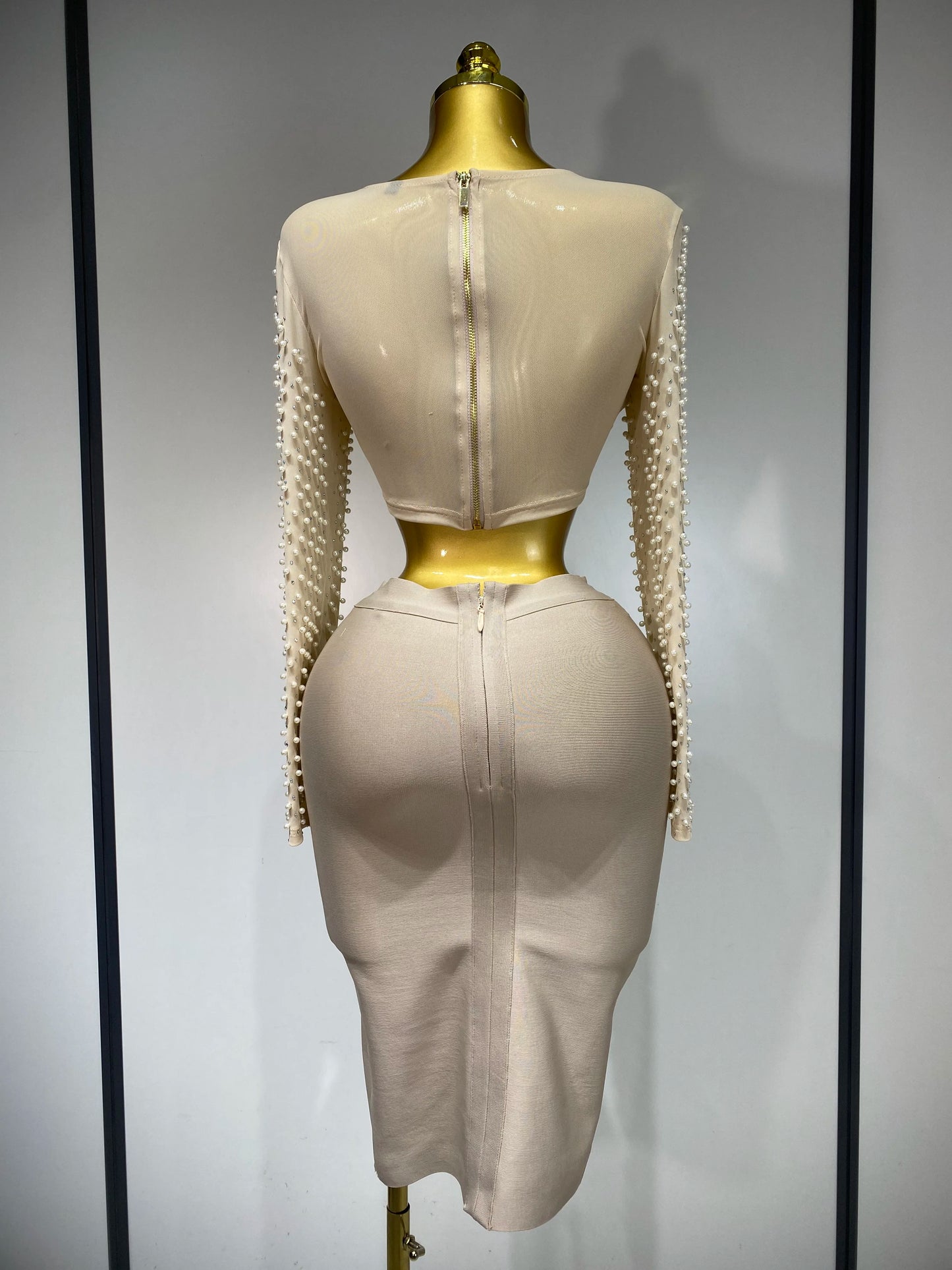 Women Sexy Long Sleeve Mesh Pearl Top Celebrity Midi Women Bandage Set 2025 Designer Evening Party Luxury Birthday Two Piece Set
